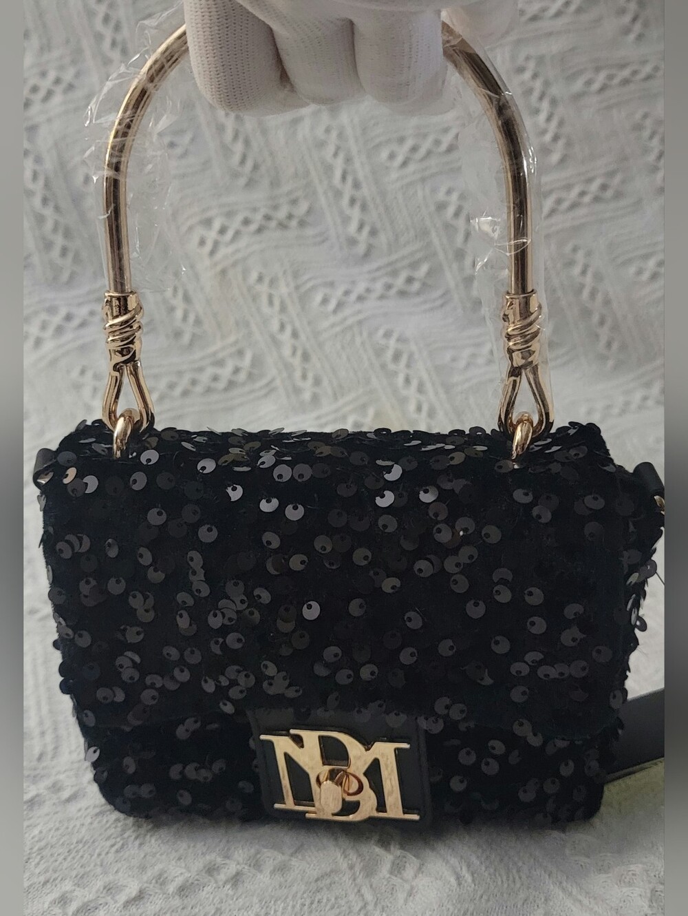 Badgley Mischka Mini Black Sequin Top Handle Bag/Chain Strap Crossbody NWT